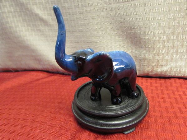 VINTAGE W&S BLACKINTON SILVER PLATE TEA POT, GLAZED POTTER TEA POT & BEAUTIFUL BLUE ELEPHANT FIGURINE