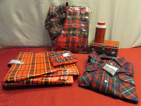 PERFECTLY PLAID - VINTAGE  THERMOS LUNCH BOX & BOTTLE, NEW CASHMERE SCARF, NEW ST. JOHN'S BAY WOOL FLANNEL & MORE 