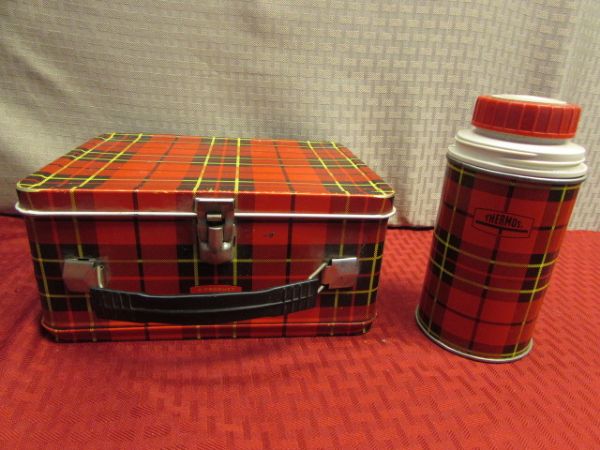 PERFECTLY PLAID - VINTAGE  THERMOS LUNCH BOX & BOTTLE, NEW CASHMERE SCARF, NEW ST. JOHN'S BAY WOOL FLANNEL & MORE 