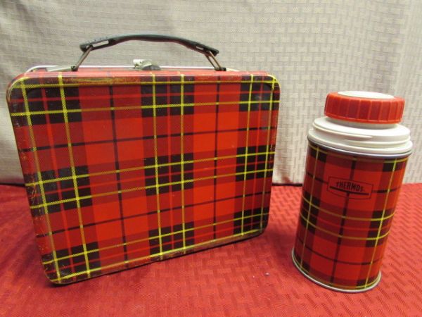 PERFECTLY PLAID - VINTAGE  THERMOS LUNCH BOX & BOTTLE, NEW CASHMERE SCARF, NEW ST. JOHN'S BAY WOOL FLANNEL & MORE 