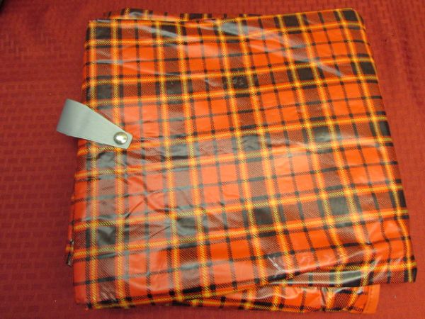 PERFECTLY PLAID - VINTAGE  THERMOS LUNCH BOX & BOTTLE, NEW CASHMERE SCARF, NEW ST. JOHN'S BAY WOOL FLANNEL & MORE 