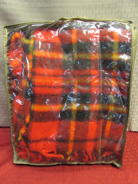 PERFECTLY PLAID - VINTAGE  THERMOS LUNCH BOX & BOTTLE, NEW CASHMERE SCARF, NEW ST. JOHN'S BAY WOOL FLANNEL & MORE 