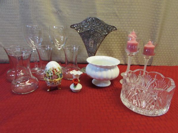 ART NOUVEAU SILVER PLATE GODINGER SILVER ART CO. FAN VASE, CRYSTAL DISH, CRYSTAL STEMWARE, PORCELAIN EGG, CANDLES & MORE