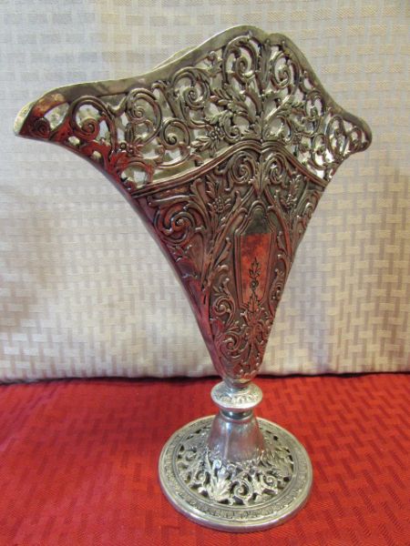 ART NOUVEAU SILVER PLATE GODINGER SILVER ART CO. FAN VASE, CRYSTAL DISH, CRYSTAL STEMWARE, PORCELAIN EGG, CANDLES & MORE