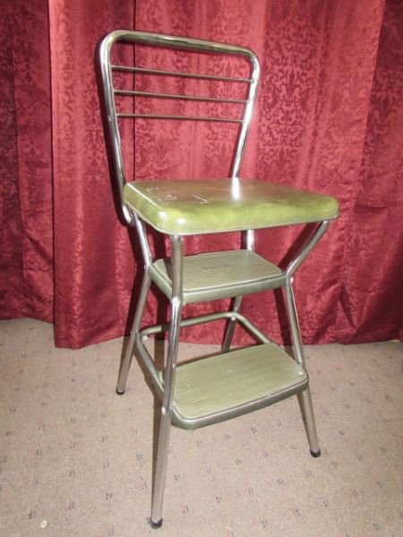 RETRO AVOCADO & CHROME COSCO STEP STOOL CHAIR- NICE!