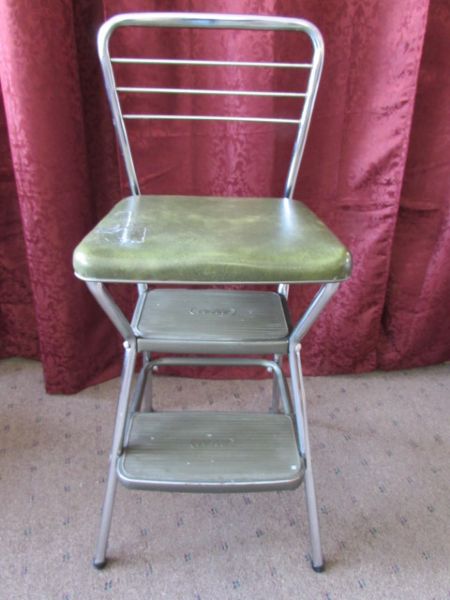 RETRO AVOCADO & CHROME COSCO STEP STOOL CHAIR- NICE!