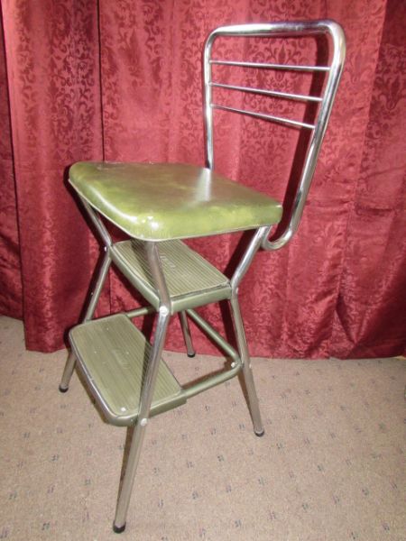 RETRO AVOCADO & CHROME COSCO STEP STOOL CHAIR- NICE!