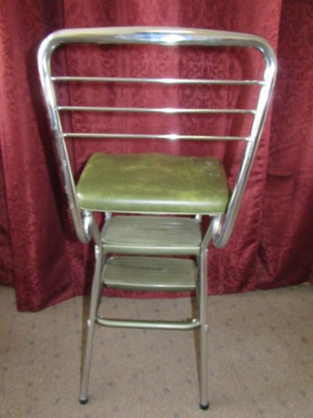 RETRO AVOCADO & CHROME COSCO STEP STOOL CHAIR- NICE!