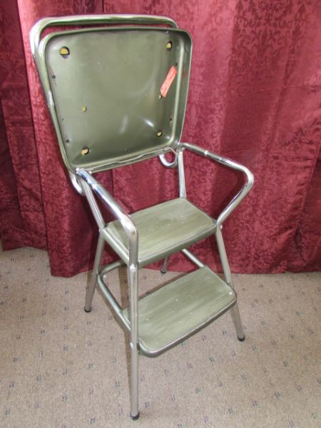 RETRO AVOCADO & CHROME COSCO STEP STOOL CHAIR- NICE!