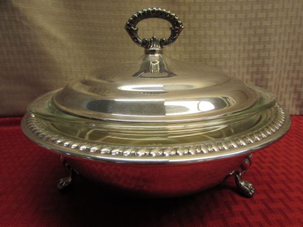 ELEGANT SHEFFIELD CO. SILVER PLATE WARMING DISH WITH PYREX BOWL INSERT 