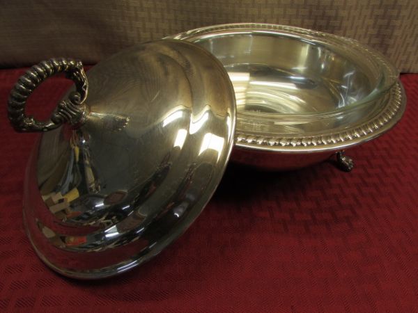 ELEGANT SHEFFIELD CO. SILVER PLATE WARMING DISH WITH PYREX BOWL INSERT 