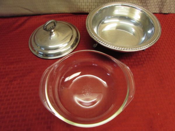 ELEGANT SHEFFIELD CO. SILVER PLATE WARMING DISH WITH PYREX BOWL INSERT 