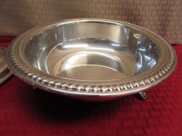 ELEGANT SHEFFIELD CO. SILVER PLATE WARMING DISH WITH PYREX BOWL INSERT 