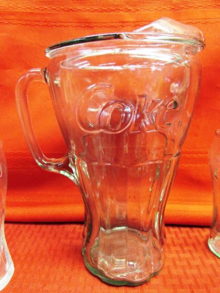 ENJOY COCA-COLA!  VINTAGE GEORGIA GREEN GLASS PITCHER & SIX GLASSES 