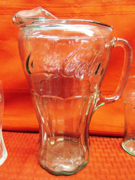 ENJOY COCA-COLA!  VINTAGE GEORGIA GREEN GLASS PITCHER & SIX GLASSES 