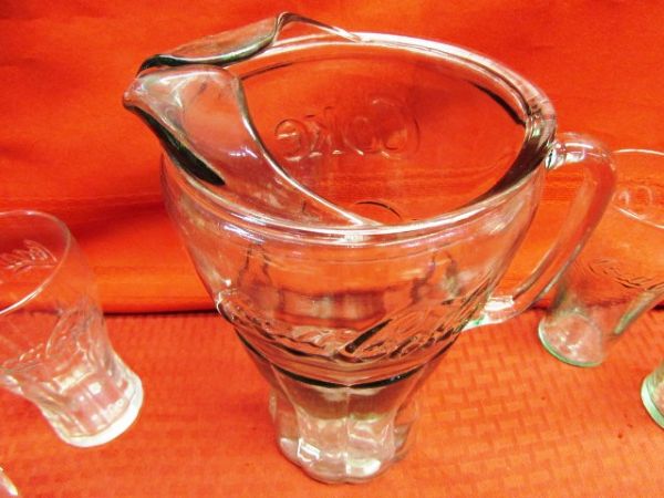 ENJOY COCA-COLA!  VINTAGE GEORGIA GREEN GLASS PITCHER & SIX GLASSES 