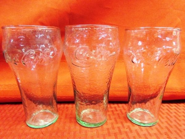 ENJOY COCA-COLA!  VINTAGE GEORGIA GREEN GLASS PITCHER & SIX GLASSES 