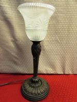 SECOND GORGEOUS TABLE LAMP WITH ANTIQUED BRONZE FINISH ME0TAL BASE & FROSTED GLASS GLOBE