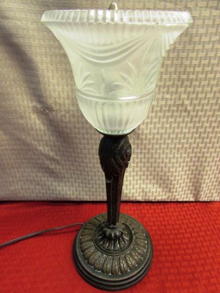 SECOND GORGEOUS TABLE LAMP WITH ANTIQUED BRONZE FINISH ME0TAL BASE & FROSTED GLASS GLOBE