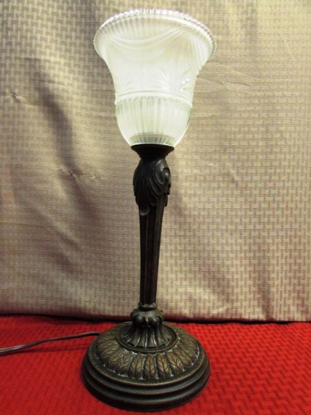 SECOND GORGEOUS TABLE LAMP WITH ANTIQUED BRONZE FINISH ME0TAL BASE & FROSTED GLASS GLOBE