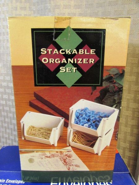 OFFICE SUPPLIES & STATIONARY!  NIB STACKABLE ORGANIZER SET & MEMO CLIP, VINTAGE STATIONARY, ENVELOPES & MORE!