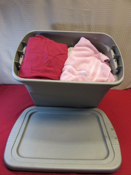 LIDDED STORAGE CONTAINER FULL OF TOWELS & SHEETS, SOME GOOD, SOME SHOP RAGS