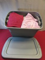 LIDDED STORAGE CONTAINER FULL OF TOWELS & SHEETS, SOME GOOD, SOME SHOP RAGS