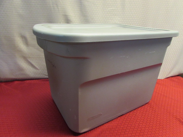 Lot Detail - LIDDED STORAGE CONTAINER FULL OF TOWELS & SHEETS, SOME ...