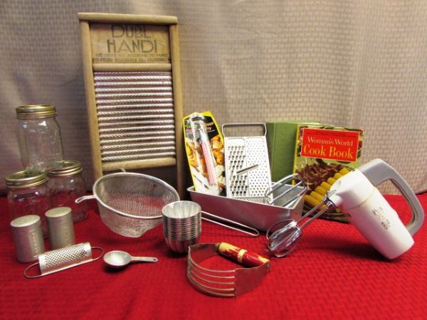 VINTAGE KITCHEN - DUBL HANDI WASH BOARD, MIXETTE ELECTRIC MIXER, BALL JAR, S&P SET, MINI BAKING TINS & MORE