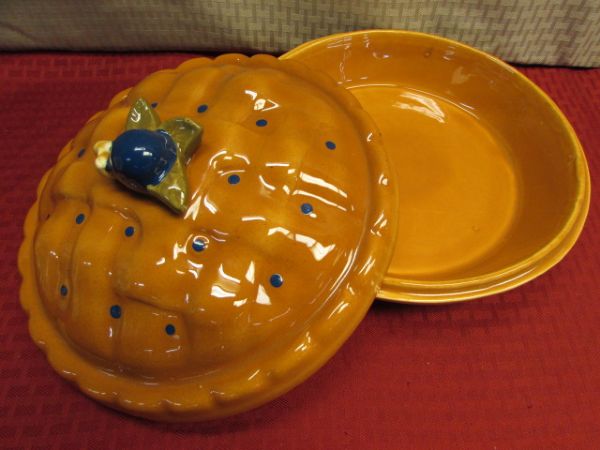 PIE & COFFEE - WONDERFUL CERAMIC COVERED PIE PLATE, 2 VINTAGE DECORATIVE PLATES & 6 PEDESTAL MUGS