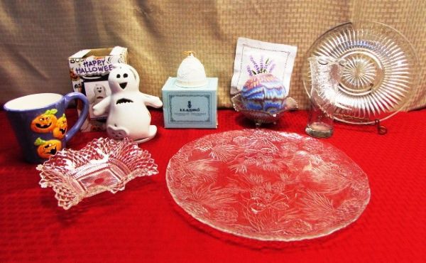 DÉCOR FOR THE SEASONS-COLLECTIBLE PORCELAIN LLADRO BELL, DEPRESSION GLASS SERVING DISHES, NEW CANDLE & MORE