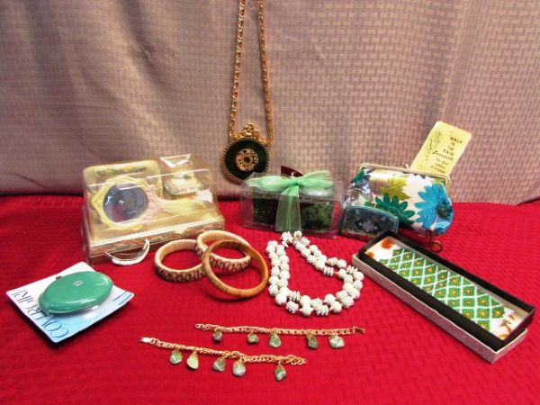 GORGEOUS GREEN!  VINTAGE JEWELRY - REAL STONE & BEADED BRACELETS, NECKLACES, TWO NEW GIFTS SETS, A WALK IN THE RAIN & . . . 