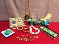 GORGEOUS GREEN!  VINTAGE JEWELRY - REAL STONE & BEADED BRACELETS, NECKLACES, TWO NEW GIFTS SETS, A WALK IN THE RAIN & . . . 