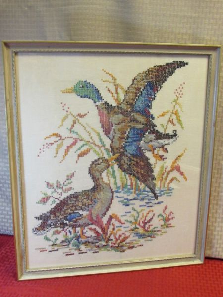 BEAUTIFUL COMPLETED CROSS STITCH DUCKS FRAMED ART 