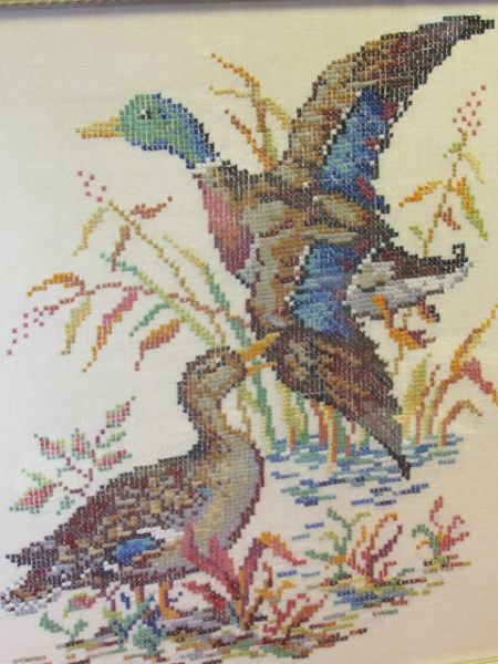 BEAUTIFUL COMPLETED CROSS STITCH DUCKS FRAMED ART 