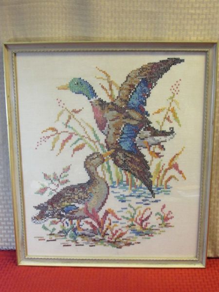 BEAUTIFUL COMPLETED CROSS STITCH DUCKS FRAMED ART 