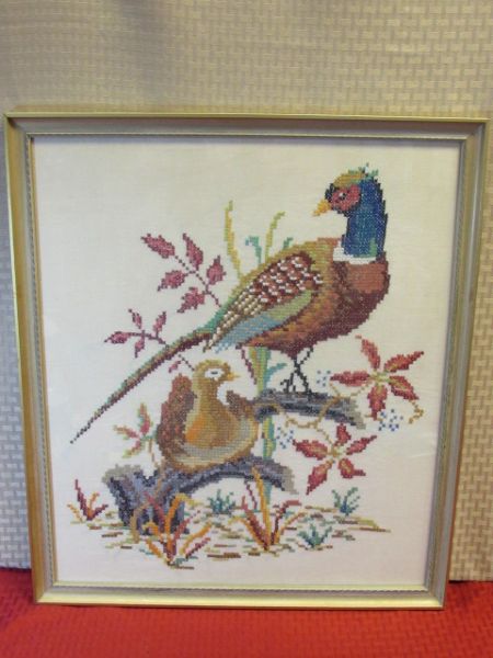 BIRDS OF A FEATHER!  LOVELY COMPLETED CROSS STITCH OF PHEASANTS, NICELY FRAMED