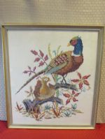 BIRDS OF A FEATHER!  LOVELY COMPLETED CROSS STITCH OF PHEASANTS, NICELY FRAMED