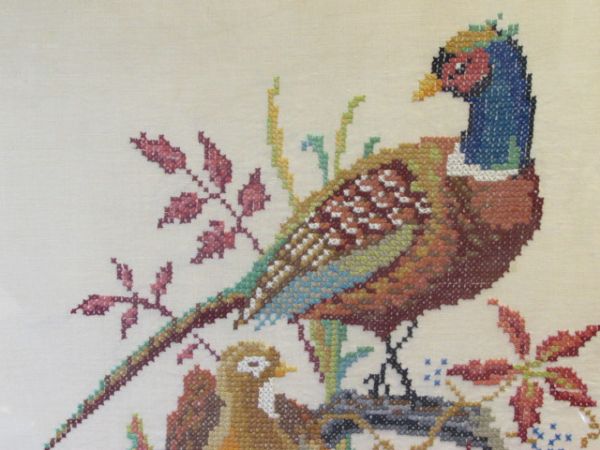 BIRDS OF A FEATHER!  LOVELY COMPLETED CROSS STITCH OF PHEASANTS, NICELY FRAMED