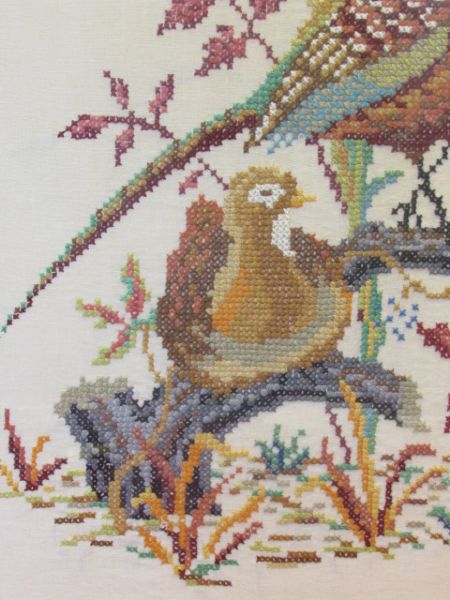 BIRDS OF A FEATHER!  LOVELY COMPLETED CROSS STITCH OF PHEASANTS, NICELY FRAMED