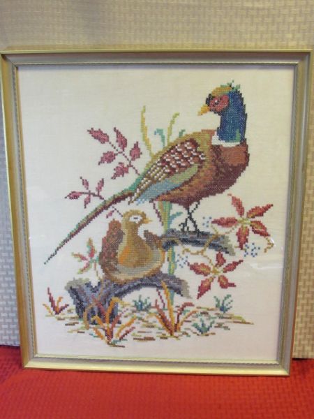 BIRDS OF A FEATHER!  LOVELY COMPLETED CROSS STITCH OF PHEASANTS, NICELY FRAMED