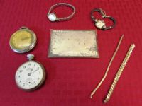 STEAMPUNK TREASURES - TWO VINTAGE STOP WATCHES, WATCH BANDS, TWO LADIES WATCHES & A POCKET MIRROR