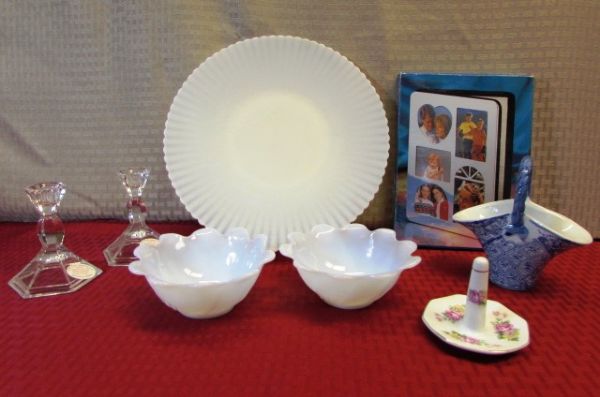 BEAUTIFUL BLUE OPALESCENT DEPRESSION GLASS PLATE & BOWLS, LEAD CRYSTAL CANDLE STICKS, NEW SILVER PLATE FRAME & MORE