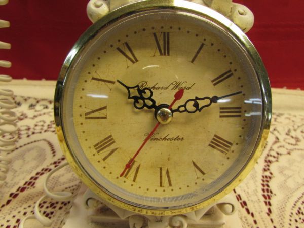 ELEGANT LACE TABLE CLOTH, RICHARD WARD ANTIQUE PHONE CLOCK & FROSTED GLASS SERVING DISHES