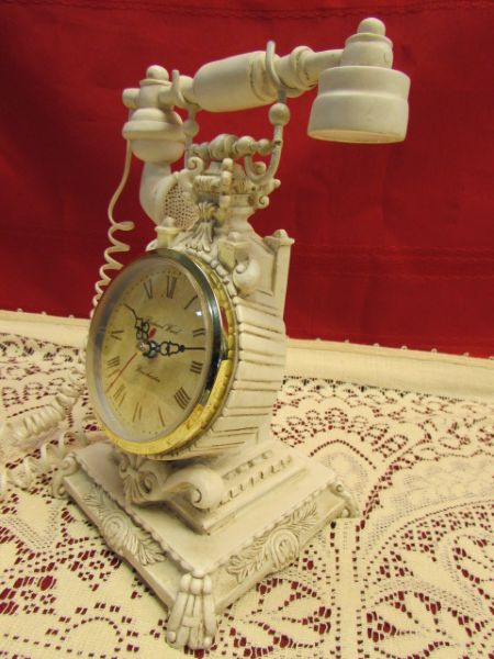 ELEGANT LACE TABLE CLOTH, RICHARD WARD ANTIQUE PHONE CLOCK & FROSTED GLASS SERVING DISHES