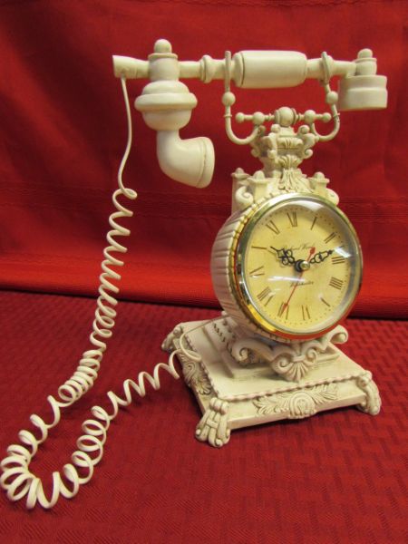 ELEGANT LACE TABLE CLOTH, RICHARD WARD ANTIQUE PHONE CLOCK & FROSTED GLASS SERVING DISHES