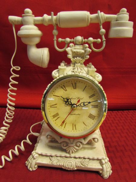 ELEGANT LACE TABLE CLOTH, RICHARD WARD ANTIQUE PHONE CLOCK & FROSTED GLASS SERVING DISHES