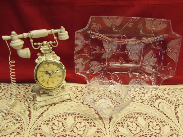 ELEGANT LACE TABLE CLOTH, RICHARD WARD ANTIQUE PHONE CLOCK & FROSTED GLASS SERVING DISHES