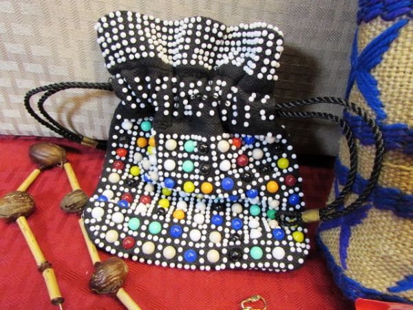 VINTAGE BOHEMIAN - NEW JUTE HAND BAG, BEADED POUCH & LOADS OF JEWELRY, NECKLACES, ENAMEL FLOWER PINS & MORE