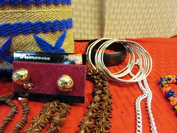 VINTAGE BOHEMIAN - NEW JUTE HAND BAG, BEADED POUCH & LOADS OF JEWELRY, NECKLACES, ENAMEL FLOWER PINS & MORE